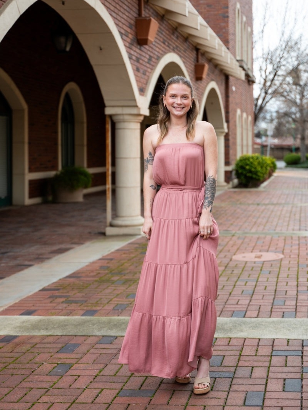 Naked Zebra Dusty Rose Strapless Tiered Maxi Dress